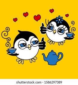 emoji with cool smiling penguins that drink from blue cups and shows thumbs up gesture them by raising them big thumbs finger to express his approval, simple colored emoticon