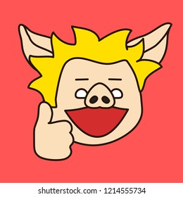emoji with cool smiling pig guy with short haircut with side swept bangs that shows thumbs up gesture with left hand by raising his big thumb finger to express his approval, eps 10 vector clip art