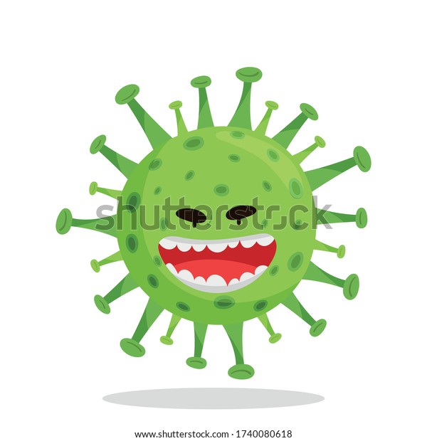 悪い笑みを浮かべた絵文字コロノウイルスcovid 19 怒り 緑色の丸とスパイク 白い背景に文字の下に影と分離型ベクターイラスト のベクター画像素材 ロイヤリティフリー