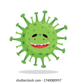 Emoji coronovirus covid-19 with a kind smile, shy. Green round with spikes. Isolated vector illustration on a white background with a shadow under the character.