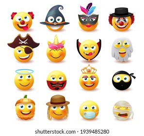 Emoji costume character vector set.  Emoji in cute and scary masquerade party design with mask emoticon characters like clown, witch and ghost for avatar collection. Vector illustration