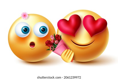 Emoji couple valentine vector concept design. 3d inlove emojis character with flower bouquet for valentine and anniversary celebration emoticons. Vector illustration.
