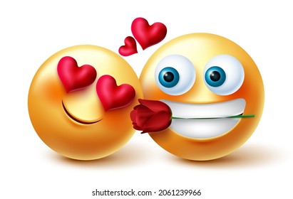 Emoji couple valentine vector design. Emojis 3d lovers concept with rose and hearts elements for valentines anniversary celebration emoticon characters. Vector illustration.
