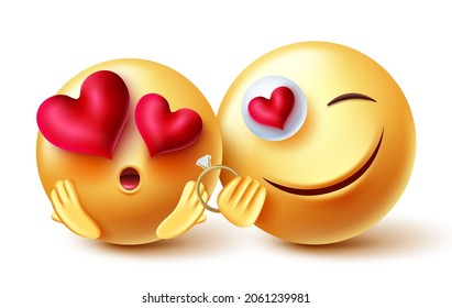 Emoji couple vector concept design. Emojis 3d proposing smiley character with engagement ring for valentines present gift and proposal emoticon characters. Vector illustration.
