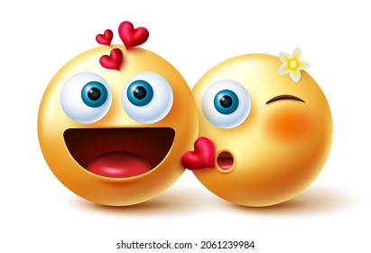 Emoji couple vector concept design. Emoji 3d inlove characters in kissing gesture with romantic feelings and expression for lovers emoticon valentines character. Vector illustration.
