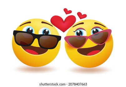 Emoji couple vector concept design. Emoticon 3d inlove lovers character with eyes looking each other wearing sunglasses for emojis valentine's day emoticons. Vector illustration.
