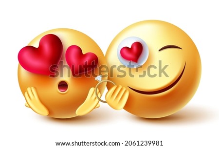 Emoji couple vector concept design. Emojis 3d proposing smiley character with engagement ring for valentines present gift and proposal emoticon characters. Vector illustration.
