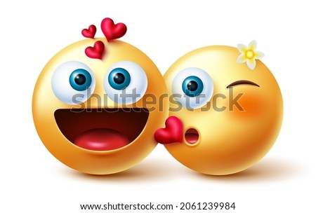 Emoji couple vector concept design. Emoji 3d inlove characters in kissing gesture with romantic feelings and expression for lovers emoticon valentines character. Vector illustration.
