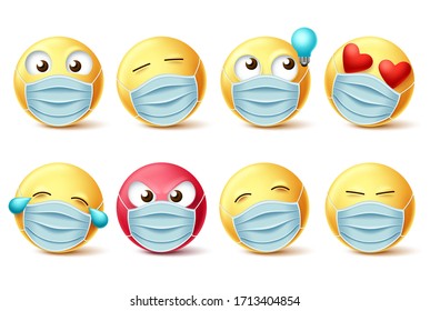 Emoji covid-19 face mask vector set. Emojis and emoticons with facial expressions and face mask for covid-19 corona virus design element. Vector illustration.
