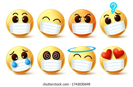 Emoji with covid-19 face mask vector set. Emoji emoticon with facial expressions wearing facemask to prevent covid-19 coronavirus infection. Vector illustration.
