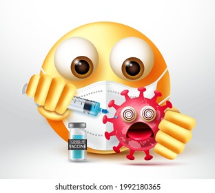 Emoji covid-19 vaccine vector design. Emoticons 3d character killing virus by injecting vaccine for pandemic vaccination campaign emojis character design. Vector illustration