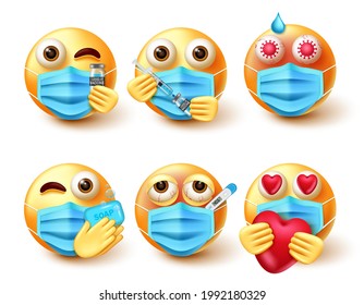 Emoji Covid-19 Vector Set. Emoticon 3d Emojis In Safety Guidelines Like Getting Vaccine, Wash Hands And Temperature Check For New Normal Safety Character Collection Design. Vector Illustration