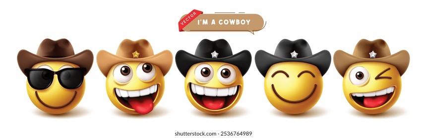 Conjunto de Vector de personaje de vaquero Emoji. Personaje de emoticono de emojis con sombrero colorido en colección de ícono amarillo de expresiones faciales frescas, traviesas, felices, lindas y divertidas. Ilustración vectorial emoji vaquero 