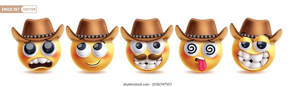 Conjunto de Vector de personajes de vaquero Emoji. Personaje de vaquero emojis en colección de Elementos de sombrero de cara triste, pensante, cool, mareado y divertido. Ilustración vectorial emojis vaquero mascota 