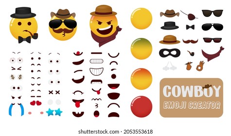 Emoji cowboy creator vector kit. Emoticons editable cowboys character set with eyes, mouth and cowboy elements for western costume emojis face creation design. Vector illustration.
