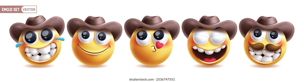 Emoji cowboy emoticon character vector set. Emojis emoticon characters in happy smiling, kiss, funny and cool reactions wearing hat elements yellow icon collection. Vector illustration emoji cowboy 