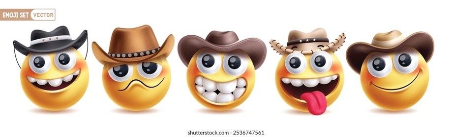 Conjunto de Vector de personaje de emoticono de vaquero de emoji. Emoticon de emojis con sombrero en colección de ícono de expresiones faciales de sonrisa feliz, triste, divertida, traviesa y linda. Conjunto de vaqueros de emojis de Ilustración vectorial