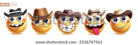 Emoji cowboy emoticon character vector set. Emojis emoticon wearing hat in happy, sad, funny, naughty and cute smile facial expressions icon collection. Vector illustration emojis cowboy set