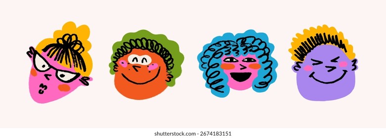 Emoji crayon cara doodle conjunto con coloridas cabezas de dibujos animados y sonrisas juguetonas en estilo de boceto. Enfréntate a los iconos de doodle con divertidas expresiones felices. Perfecto para pegatinas, redes sociales, proyectos infantiles