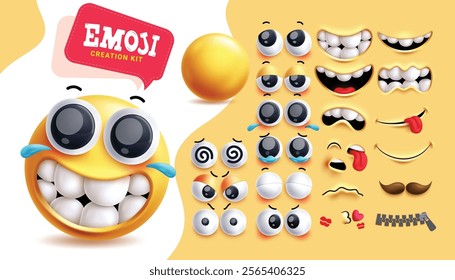 Emoji creation kit clipart 3d character set. Emoji editable face with eyes and mouth in relief, angry and funny expression in abstract background. Vector illustration creation kit emoticon collection.