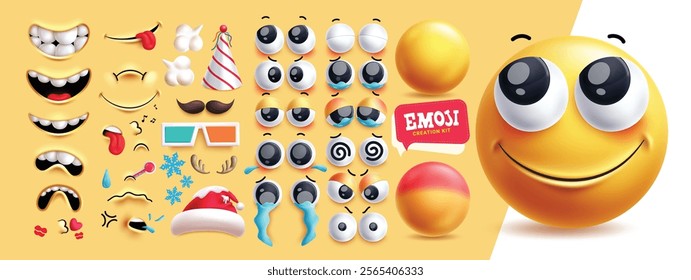 Emoji creation kit clipart 3d character set. Emoji editable face with mouth, eyes, tongue, mustache, tears and party hats in happy, cute and crying expressions. Vector illustration creation kit