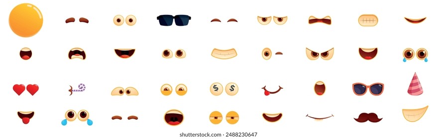 Emoji creator icons set. Different cartoon faces showing emotions with eyes and mouths, expressing happiness, sadness, anger, and more