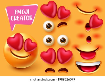 Diseño de conjunto vectorial de creador emmoji. Emoticon 3d en amor y carácter feliz con ojos editables, elementos de corazón y boca para emoticono de expresión facial lindo. Ilustración del vector
