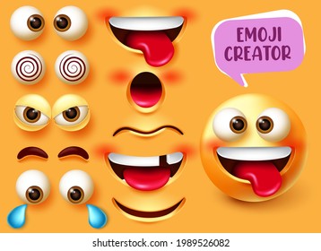 Emoji creator vector set design. Emoticon 3d character kit with editable funny, angry and sad face elements like eyes and mouth for emojis facial expression creation design. Vector illustration