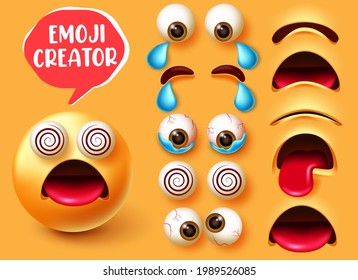 Diseño de conjunto vectorial de creador emmoji. Carácter emoticono 3d en expresión facial mareada con elementos faciales editables como ojos y boca para diseño de creación de emojis. Ilustración del vector
