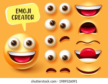 Emoji creator vector set design. Emoticon 3d character kit with editable face elements like eyes and mouth for emojis facial expression creation design. Vector illustration

