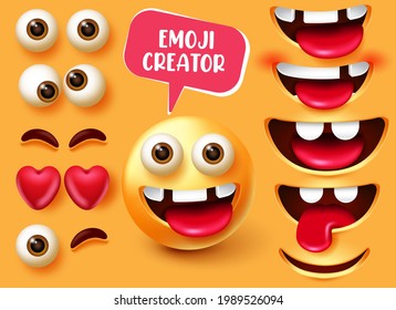 Diseño de conjunto vectorial de creador emmoji. Emoticon 3d en expresión facial de carácter divertido y feliz con kit editable como ojos, dientes y elementos bucales para la colección de emojis sonrientes. Ilustración del vector