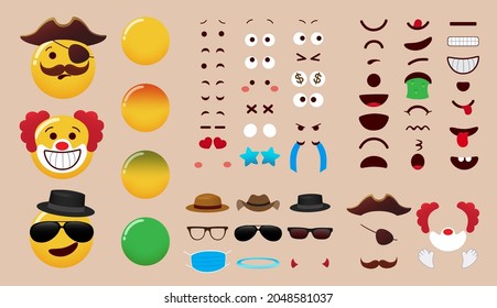 Emoji creator vector set design. Emoticon character kit with eyes, mouth and costume editable elements for emojis face expression parts collection. Vector illustration.
