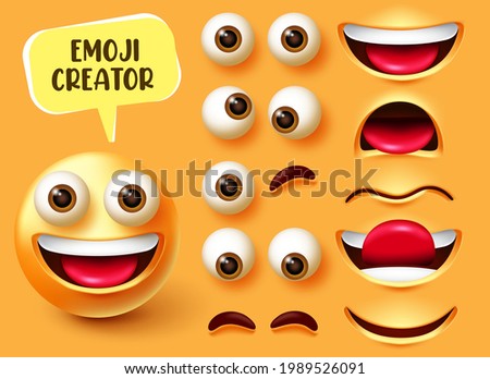 Emoji creator vector set design. Emoticon 3d character kit with editable face elements like eyes and mouth for emojis facial expression creation design. Vector illustration
