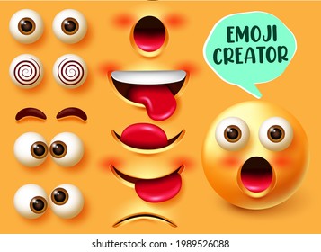 Emoji creator vector set. Emojis 3d character kit in facial expressions of surprised with editable face elements like eyes and mouth for emoticon face design. Vector illustration
