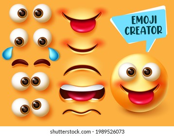 Juego de vectores de creador emmoji. Kit de caracteres Emoticon 3d con partes de cara editables como ojos y boca para diseño de expresión facial de emojis alegres y divertidos. Ilustración del vector
