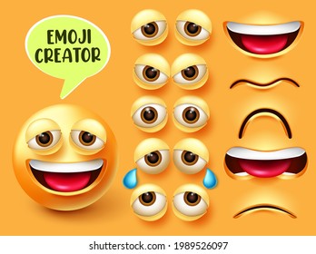 Juego de vectores de creador emmoji. Personaje emoticono 3d en expresiones faciales de felicidad, tristeza y enojado con ojos editables y elementos bucales para el diseño de emociones emojis. Ilustración del vector
