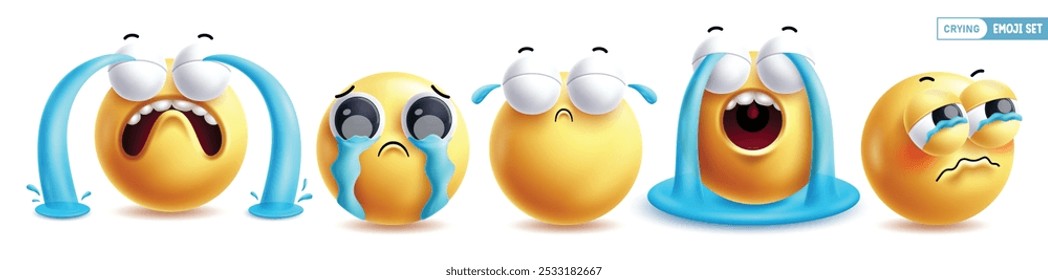 Emoji chorando emoticon 3d caracteres conjunto vetor. Emojis emoticons em rosto triste, chorar, lágrimas nos olhos, decepcionado, dor e infeliz coleção de expressões faciais em fundo branco. Ilustração vetorial 