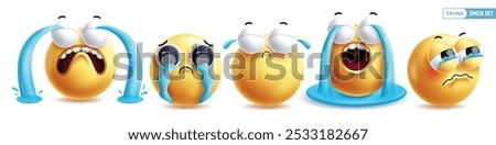 Emoji crying 3d emoticon characters vector set. Emojis emoticons in sad face, cry, eye tears, disappointed, pain and unhappy facial expression collection in white background. Vector illustration 