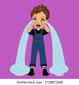 Emoji with a crying boy from whose eyes a stream of tears pours, emoticon on purple isolated background