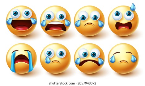 Emoji crying characters vector set. 3d emojis characters in crying, laughing out loud and confused graphic face collection for emoticons mood facial expression design. Vector illustration.
