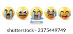 Emoji crying emoticon characters vector set. Emojis emoticons in sad face, cry, eye tears, happy and disappointed facial expression 3d graphic elements collection. Vector illustration emojis crying 