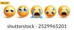 Emoji crying emoticon characters vector set. Emojis emoticons in sad face, cry, eye tears, happy and disappointed facial expression 3d graphic elements collection. Vector illustration emojis crying 