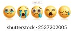 Emoji crying emoticon characters vector set. Emojis 3d icon character in sad face, lonely, cry, tears and disappointed facial expression graphic elements collection. Vector illustration emojis crying 