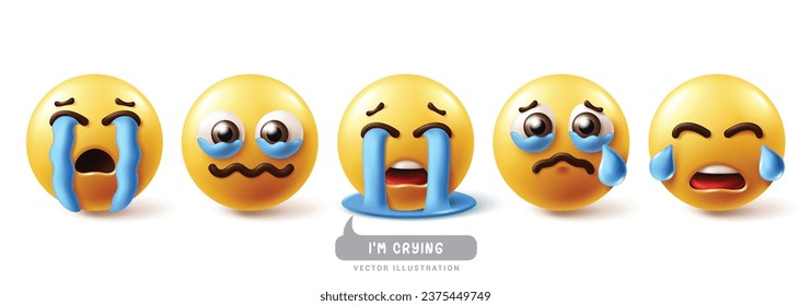 Emoji crying emoticon characters vector set. Emojis emoticons in sad face, cry, eye tears, happy and disappointed facial expression 3d graphic elements collection. Vector illustration emojis crying 