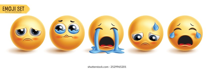 Emoji crying emoticon characters vector set. Emojis emoticons in sad face, cry, eye tears, happy and disappointed facial expression 3d graphic elements collection. Vector illustration emojis crying 