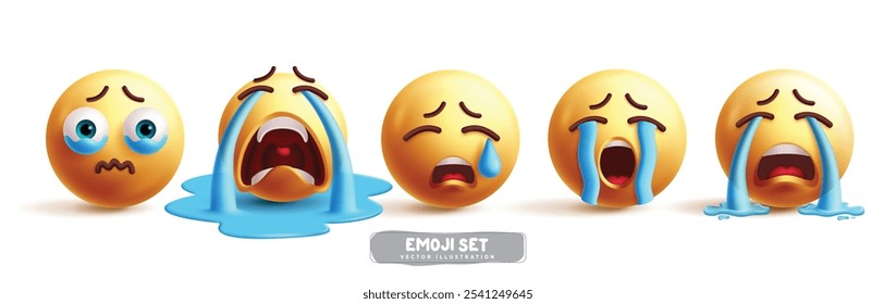 Emoji chorando emoticon caracteres vetor conjunto. Emojis emoticons 3d coleção de personagens em triste, decepcionado, olhos lacrimejantes, feliz e frustrado expressões faciais elementos gráficos. Ilustração vetorial 