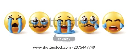 Emoji crying emoticon characters vector set. Emojis emoticons in sad face, cry, eye tears, happy and disappointed facial expression 3d graphic elements collection. Vector illustration emojis crying 