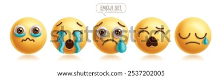 Emoji crying emoticon characters vector set. Emojis 3d icon character in sad face, lonely, cry, tears and disappointed facial expression graphic elements collection. Vector illustration emojis crying 