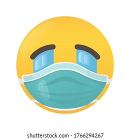 Emoji crying in medical mask. Loudly crying face vector illustration.