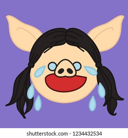 emoji with crying pig woman character in tears with raised eyebrows & flowing tear drops that represent sad emotion like deep sorrow or feelings that got hurt, simple hand drawn emoticon